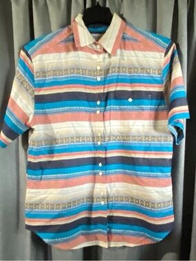 Cabin Creek Short-Sleeve Striped Button-Down Shirt - Blue, Coral, Cream